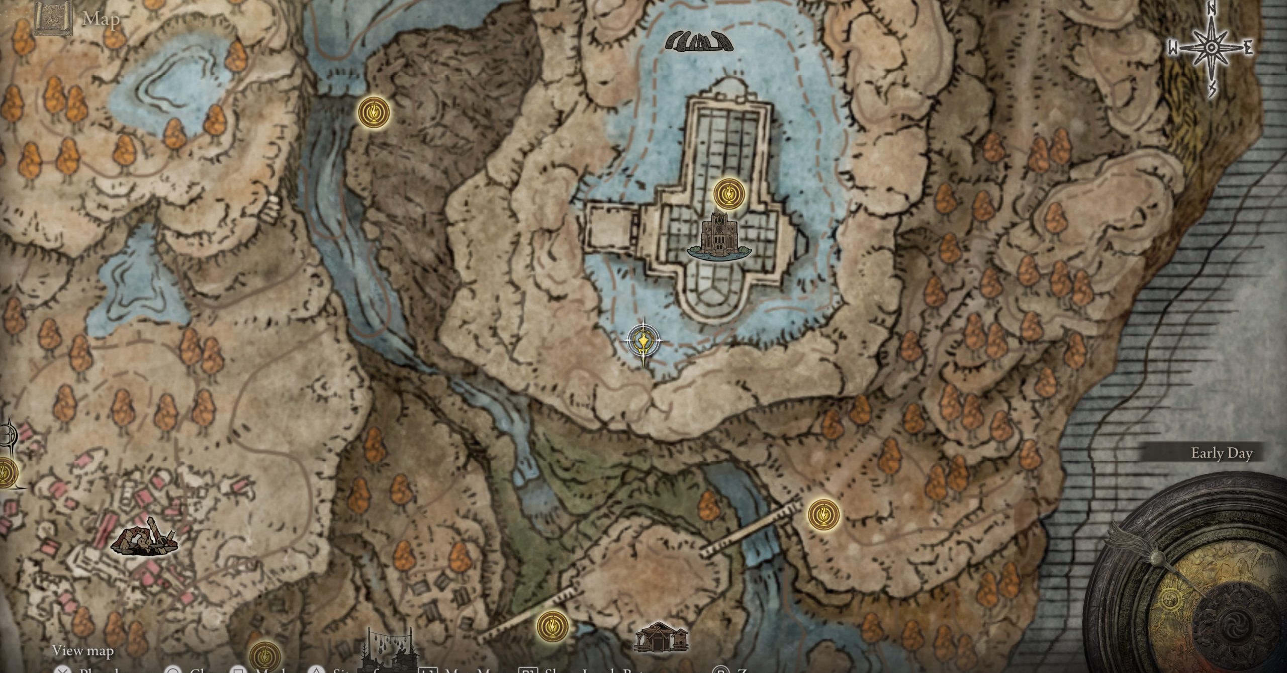 A screenshot of the Elden Ring: Shadow of the Erdtree map, showing the location of the Remembrance duplication site near the Cathedral at Manus Metyr