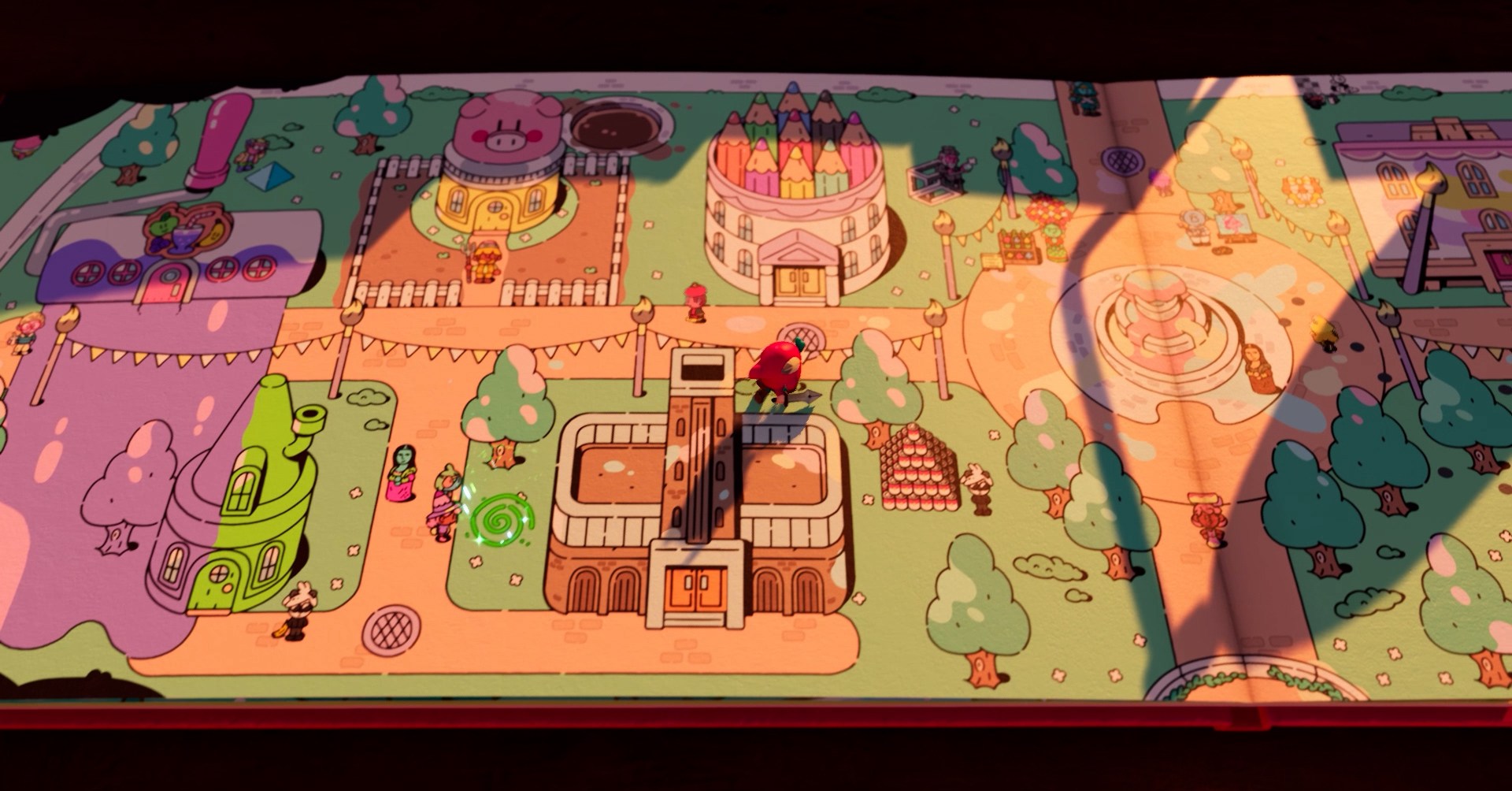 Jot, a 3D cute knight character, stands on the pages of his own book, showing an illustration of a bustling town. Afternoon light casts shadows across the book.